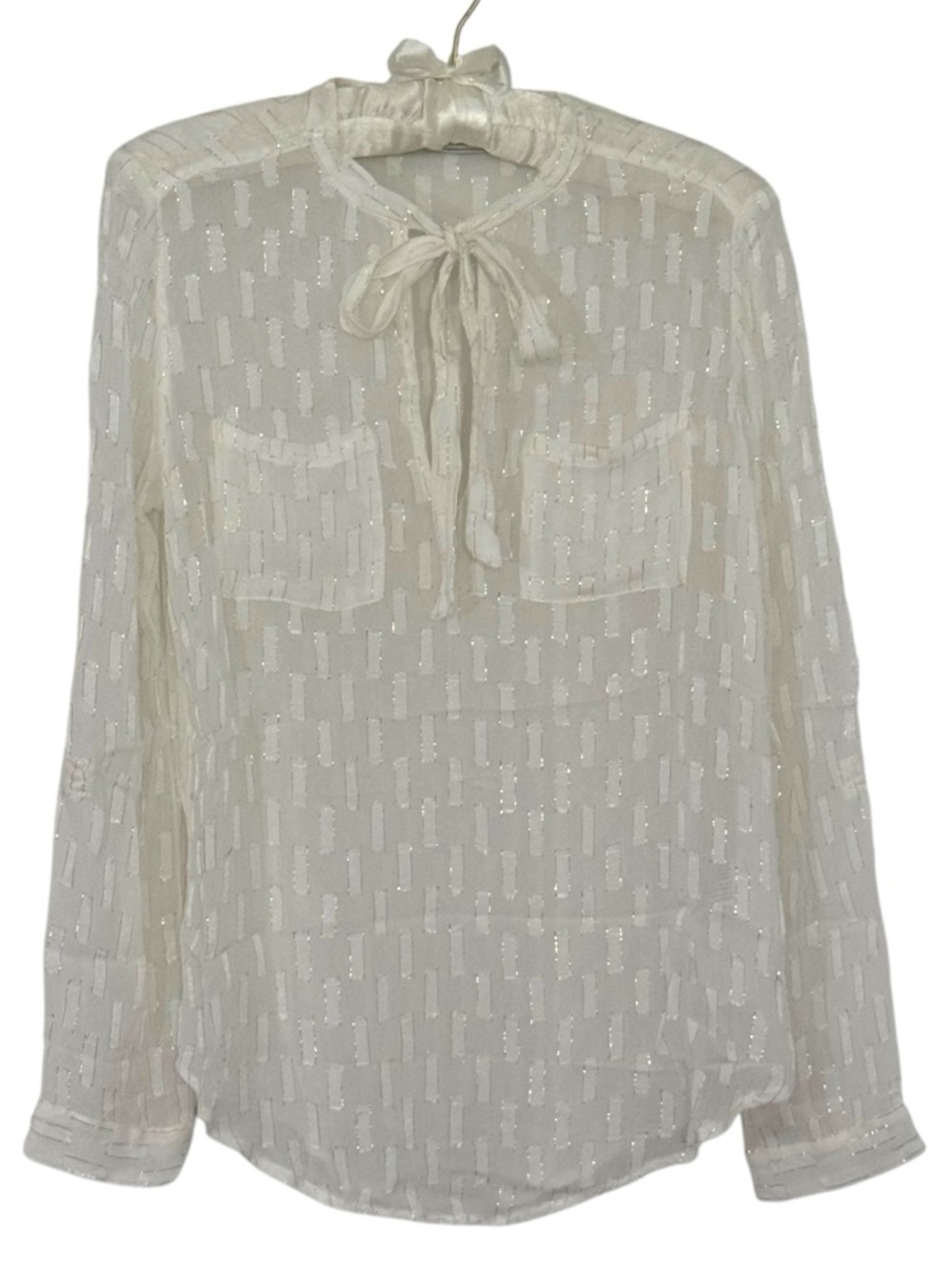 Abercrombie & Fitch Sheer Tie-Neck Long-Sleeve Blouse Ivory Size Small Flirty